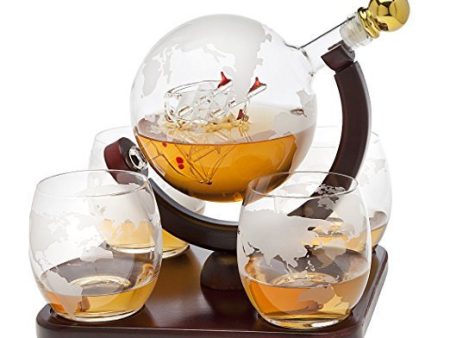 Globe Crystal Led Free Glass Decanter Bottle With Ship Inside Four Glasses and Holder Set For Liquor Wine Whisky Vodka For Discount