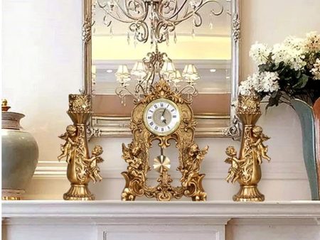 Grand  Luxurious Vintage Pendulum Quartz Clock with Angels and Two Candle Holders Set on Sale