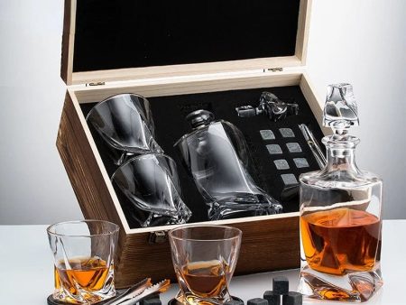 Whiskey Crystal Decanter and Glasses,8 Stone Cubes,Leather Coasters in Pinewood Gift Boxlead Sale