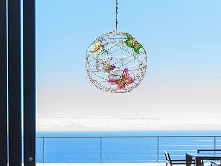 Sculptural Chandelier Garden Hanging Solar Light Round Waterproof Metal Ball With Butterfly Online Sale