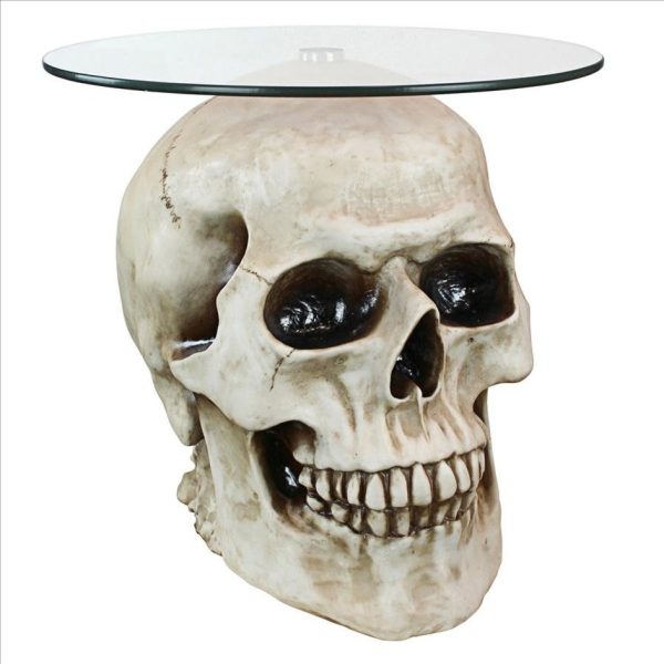 Cofee Tea Table Hand Carved Bone Lost Souls Gothic Skull Glass-Topped Table For Sale