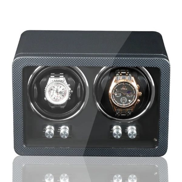 Luxurious Carbon Solid Wood Fibre Material Antimagnetic Double Watch Winder With LED and AC DC Adapter For Sale