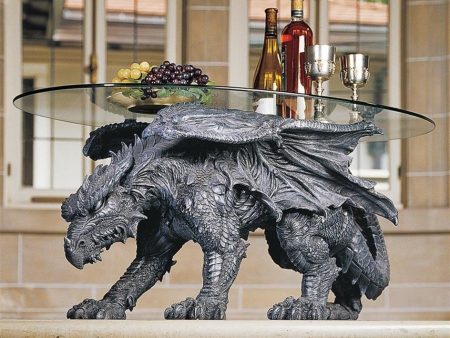 Cofee Tea Hand Carved Gothic Dragon Glass-Topped Sculptural Coffee Table By artist Monte M. Moore For Sale