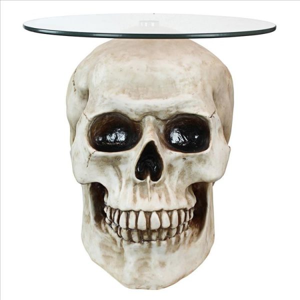 Cofee Tea Table Hand Carved Bone Lost Souls Gothic Skull Glass-Topped Table For Sale