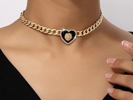 24 Karat Gold Plated Lion Head Enamel  Heart Shaped Amulet Collar Choker with Rhinestone for Woman Cheap