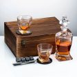 Whiskey Crystal Decanter and Glasses,8 Stone Cubes,Leather Coasters in Pinewood Gift Boxlead Sale