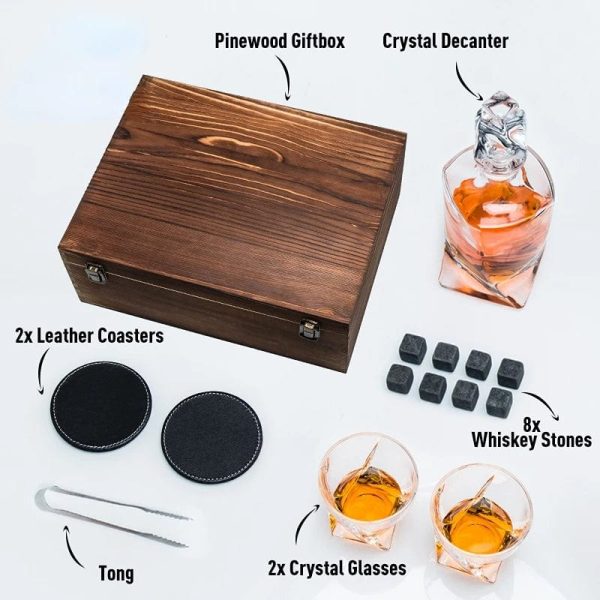 Whiskey Crystal Decanter and Glasses,8 Stone Cubes,Leather Coasters in Pinewood Gift Boxlead Sale