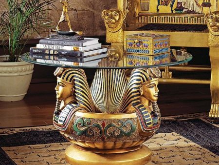 Cofee Tea Golden 24 Karat Plated Three Heads of Tutankhamen Sculptural Glass-Topped Table Discount