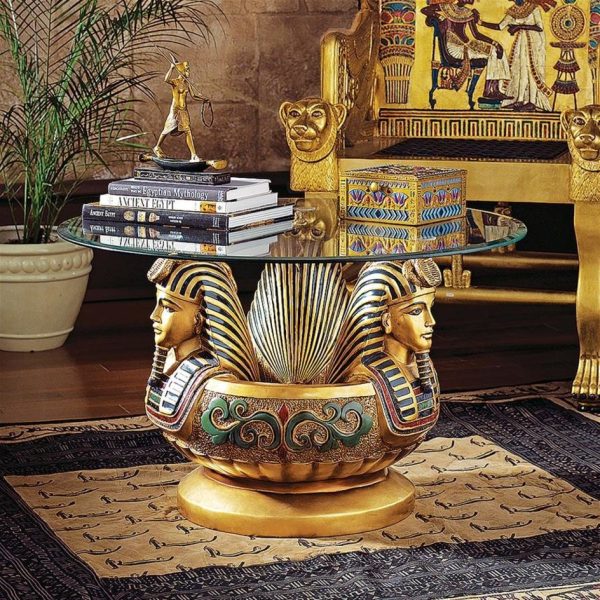 Cofee Tea Golden 24 Karat Plated Three Heads of Tutankhamen Sculptural Glass-Topped Table Discount