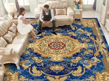 European Design Blue and Gold Flowers Luxury Non-Slip Rug Carpet Discount