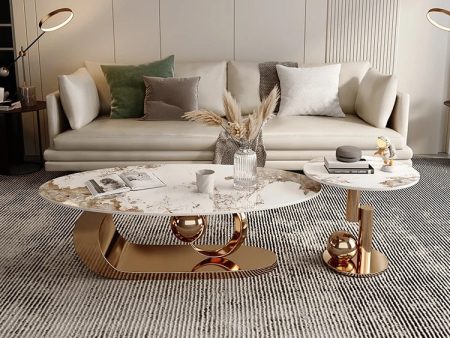 Modern Luxury Elegant Black and Golden Marble Effect Two  Coffee Tables Set Sale