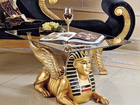 Cofee Tea Golden 24 Karat Plate Egyptian Sphinx Glass-Topped Sculptural Table Hot on Sale