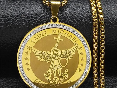 Archangel Saint Michael  Stainless Steel Amulet Medal Pendant Necklace with Rhinesstones for Protection Men and Women Discount