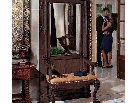 English Victorian Hand-Carved Solid Mahogany Antique Replica Entryway Hallway Stand With Mirror and Seating Bench Set Discount