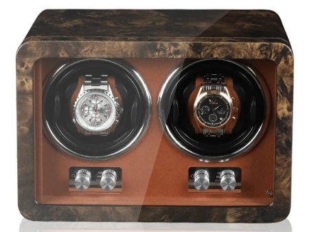 Luxurious Carbon Solid Wood Fibre Material Antimagnetic Double Watch Winder With LED and AC DC Adapter For Sale