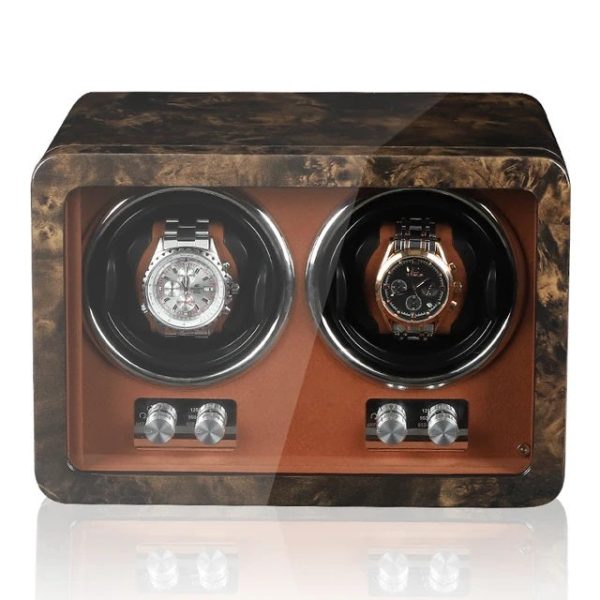 Luxurious Carbon Solid Wood Fibre Material Antimagnetic Double Watch Winder With LED and AC DC Adapter For Sale