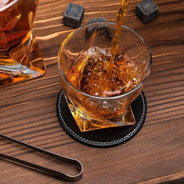 Whiskey Crystal Decanter and Glasses,8 Stone Cubes,Leather Coasters in Pinewood Gift Boxlead Sale