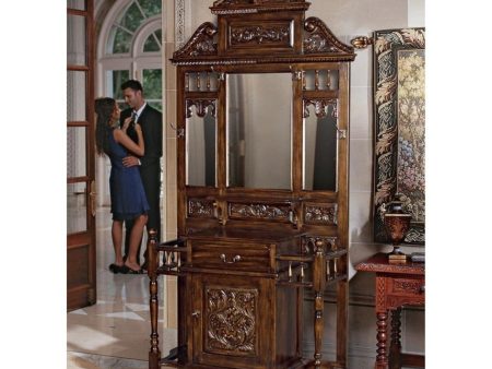 English Victorian Hand-Carved Solid Mahogany Antique Replica Entryway Stand With Mirror Online now