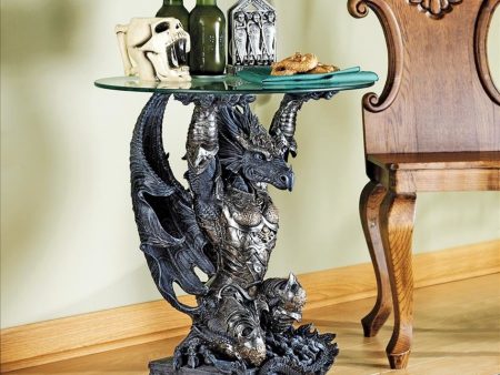 Cofee Tea Side Medieval Gothic Warrior Dragon Glass-Topped Sculptural Table by artist Gary Chang Hot on Sale