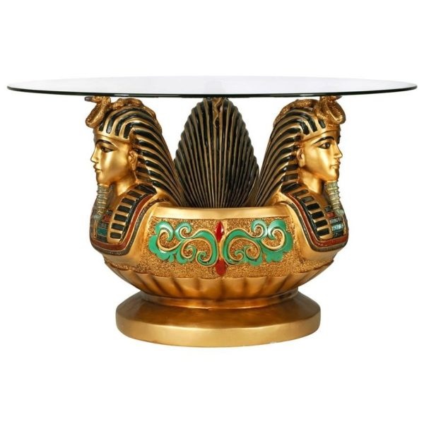 Cofee Tea Golden 24 Karat Plated Three Heads of Tutankhamen Sculptural Glass-Topped Table Discount