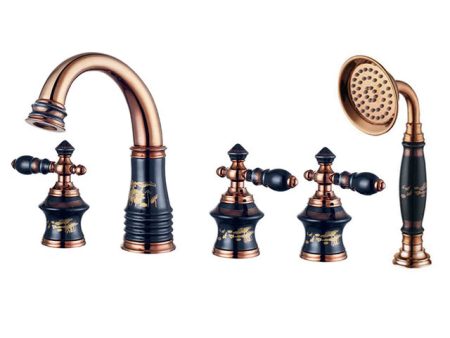 Bathtub Basin Faucet Rose Gold and Black Brass and Ceramic Deck 5 Holes Bathtub Mixer Faucett on Sale