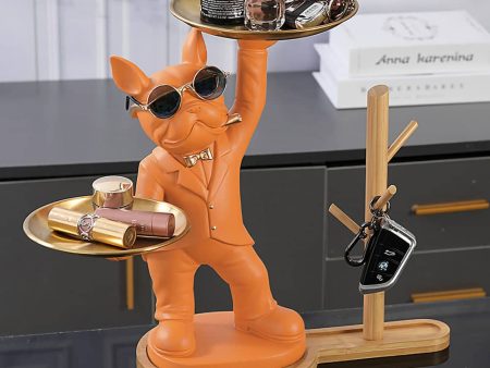 French Brown Bulldog Butler Sculptural Statue with Metal Tray and Wood Shelf on Sale