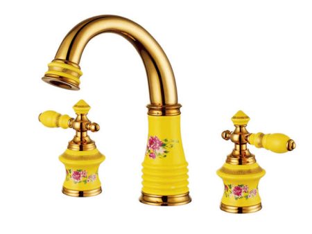 Bathroom Basin Faucet Yellow  Brass and Ceramic Deck 3 Holes Bathtub Mixer Faucet For Sale